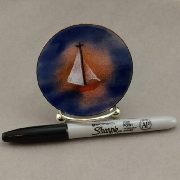 Small Enamel on Copper Sailboat Plate Trinket Dish Artisan Made Nautical Signed - Picture 16 of 16
